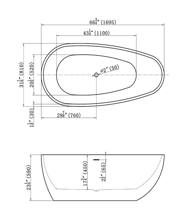 Vrijstaand bad Elips Mat Wit 170x80x58cm acryl met waste en overloop