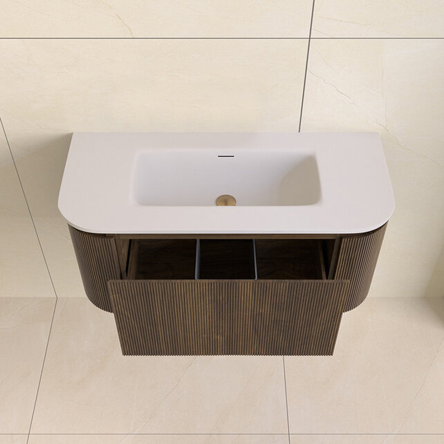 Wastafelmeubel Eleganza Curve met Ribbels Dark Walnoot 100 cm met Wastafel