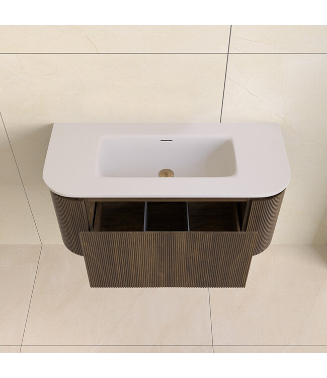 Wastafelmeubel Eleganza Curve met Ribbels Dark Walnoot 100 cm met Wastafel