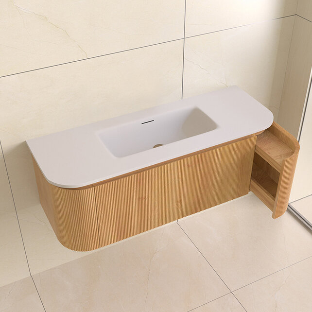 Wastafelmeubel Eleganza Curve met Ribbels Acacia 120 cm met Wastafel enkele wasbak