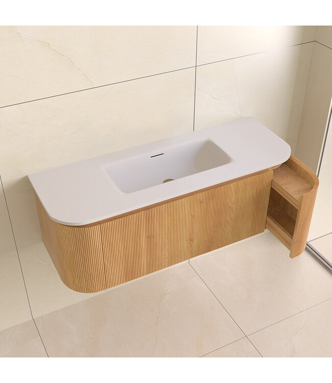 Wastafelmeubel Eleganza Curve met Ribbels Acacia 120 cm met Wastafel enkele wasbak