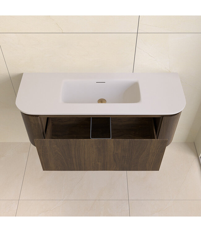 Wastafelmeubel Eleganza Curve met Ribbels Dark Walnoot 120 cm met Wastafel enkele wasbak
