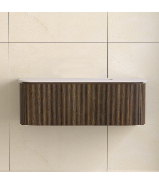 Wastafelmeubel Eleganza Curve met Ribbels Dark Walnoot 120 cm met Wastafel enkele wasbak