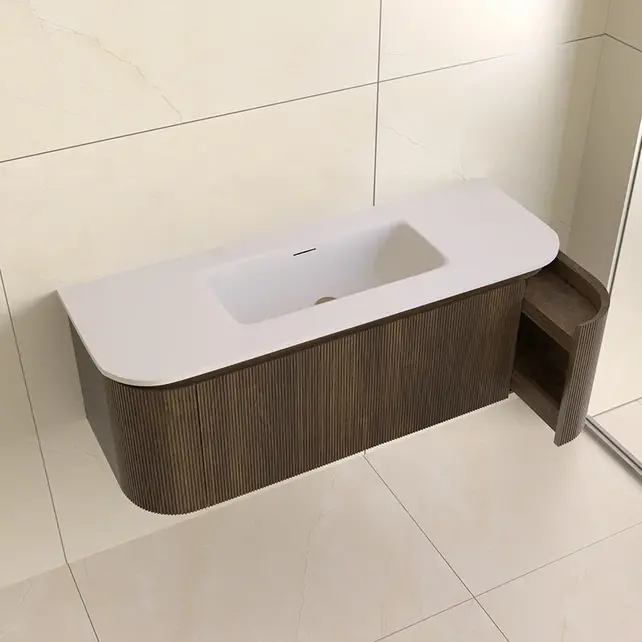 Wastafelmeubel Eleganza Curve met Ribbels Dark Walnoot 120 cm met Wastafel enkele wasbak Wastafelmeubel Eleganza Curve met Ribbels Dark Walnoot 120 cm met Wastafel enkele wasbak