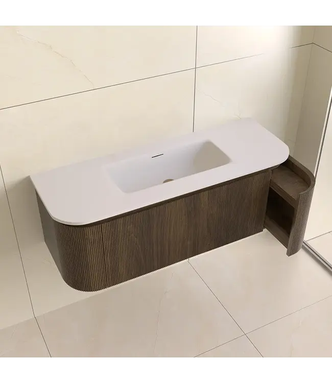 SANI-SUPPLY Wastafelmeubel Eleganza Curve met Ribbels Dark Walnoot 120 cm met Wastafel enkele wasbak