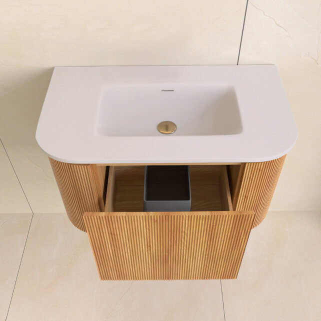 Wastafelmeubel Eleganza Curve met Ribbels Acacia 80 cm met Wastafel Wastafelmeubel Eleganza Curve met Ribbels Acacia 80 cm met Wastafel