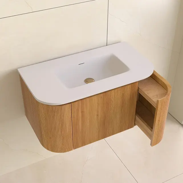 Wastafelmeubel Eleganza Curve met Ribbels Acacia 80 cm met Wastafel Wastafelmeubel Eleganza Curve met Ribbels Acacia 80 cm met Wastafel