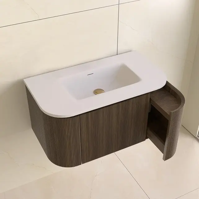 Wastafelmeubel Eleganza Curve met Ribbels Dark Walnoot 80 cm met Wastafel Wastafelmeubel Eleganza Curve met Ribbels Dark Walnoot 80 cm met Wastafel