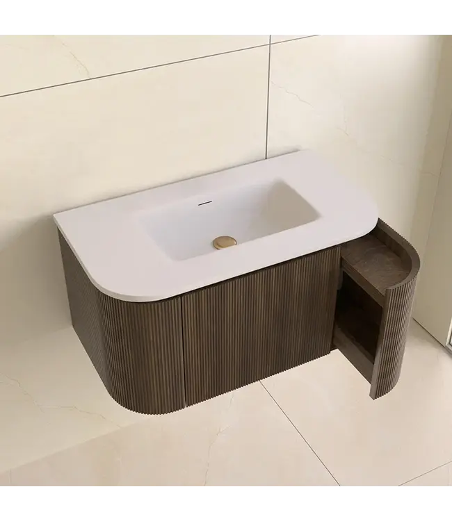 Wastafelmeubel Eleganza Curve met Ribbels Dark Walnoot 80 cm met Wastafel
