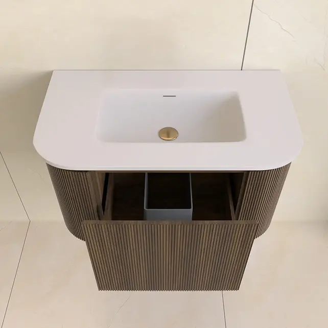 Wastafelmeubel Eleganza Curve met Ribbels Dark Walnoot 80 cm met Wastafel Wastafelmeubel Eleganza Curve met Ribbels Dark Walnoot 80 cm met Wastafel