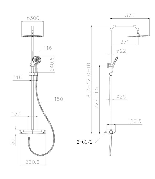 Opbouw Regendouche Tondell Mat Zwart met planchet - Regendouche 30cm - 29.2952