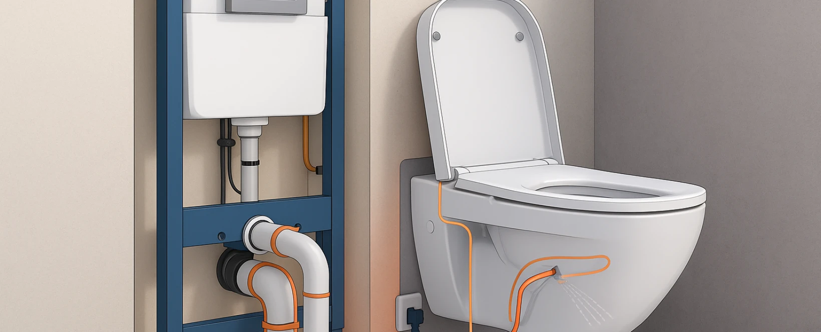 Een toilet met bidet en het inbouwreservoir