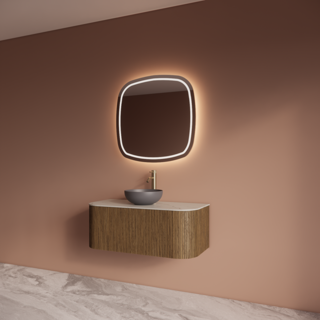 Wastafelmeubel Gliss Alluro 100cm Castle Brown Ribbel motief met Curve incl. topblad