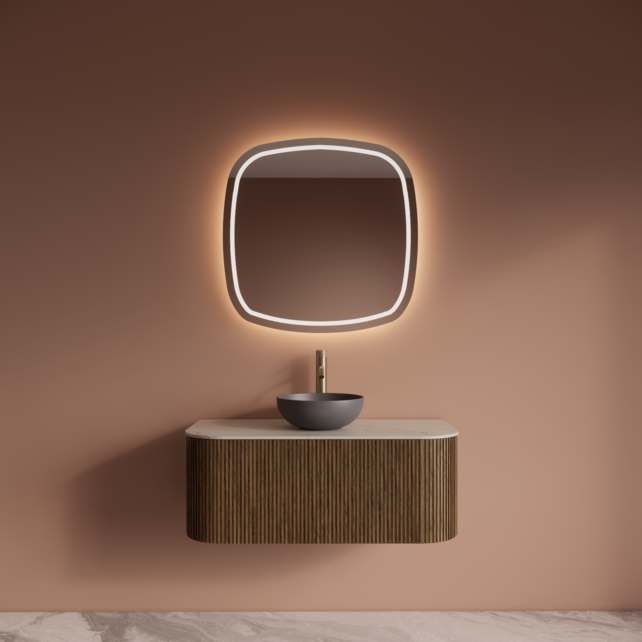 Wastafelmeubel Gliss Alluro 100cm Castle Brown Ribbel motief met Curve incl. topblad