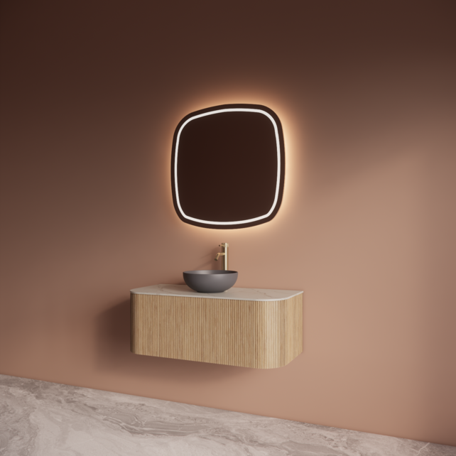 Wastafelmeubel Gliss Alluro 100cm Mist Ribbel motief met Curve incl. topblad