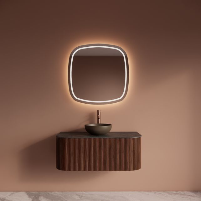 Wastafelmeubel Gliss Alluro 100cm Walnoot Ribbel motief met Curve incl. topblad