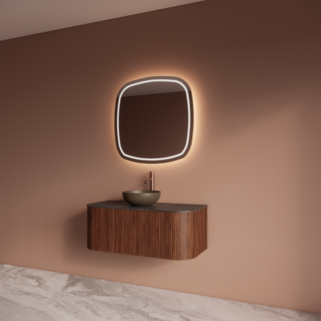 Wastafelmeubel Gliss Alluro 100cm Walnoot Ribbel motief met Curve incl. topblad