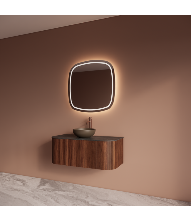 Wastafelmeubel Gliss Alluro 100cm Walnoot Ribbel motief met Curve incl. topblad