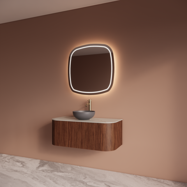 Wastafelmeubel Gliss Alluro 100cm Walnoot Ribbel motief met Curve incl. topblad