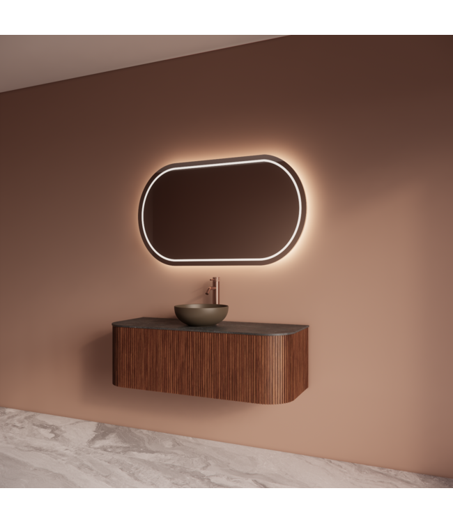 Wastafelmeubel Gliss Alluro 120cm Walnoot Ribbel motief met Curve incl. topblad
