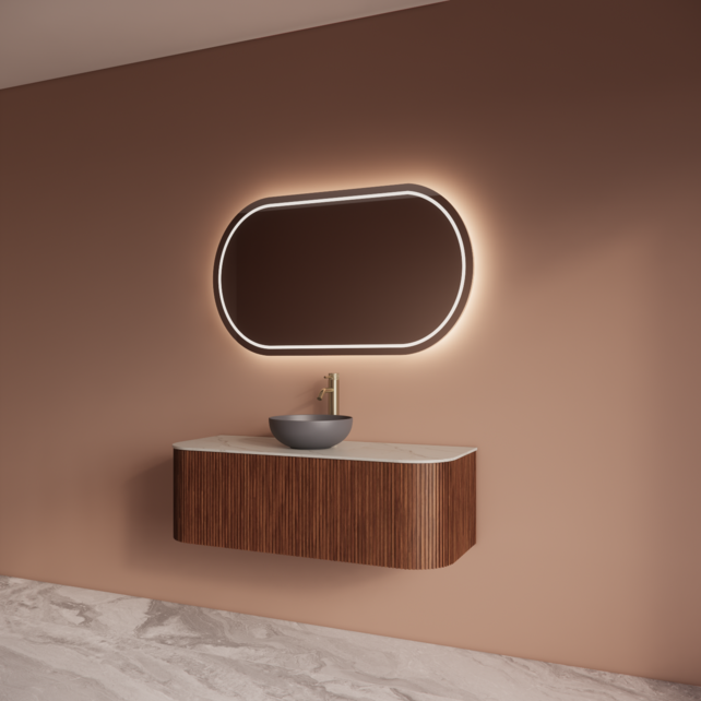 Wastafelmeubel Gliss Alluro 120cm Walnoot Ribbel motief met Curve incl. topblad