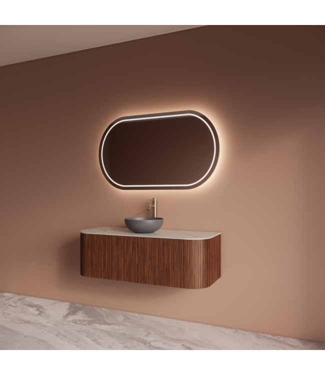 Wastafelmeubel Gliss Alluro 120cm Walnoot Ribbel motief met Curve incl. topblad