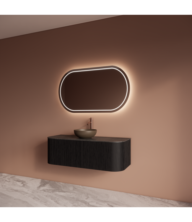 Wastafelmeubel Gliss Alluro 120cm Mat Zwart Veneer Ribbel motief met Curve incl. topblad