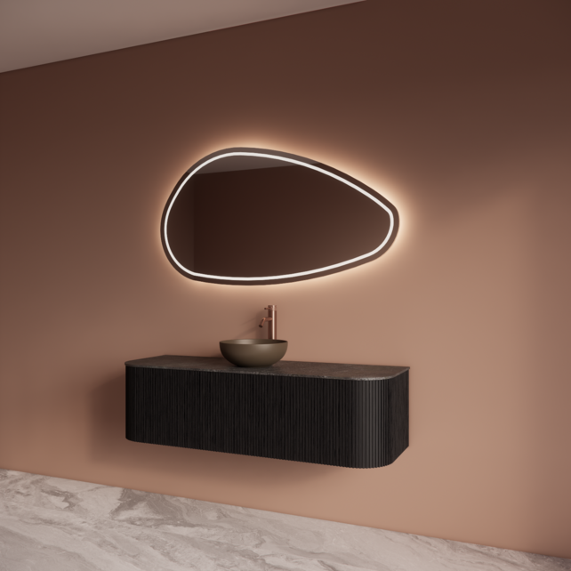 Wastafelmeubel Gliss Alluro 140cm Mat Black Veneer Ribbel motief met Curve incl. topblad