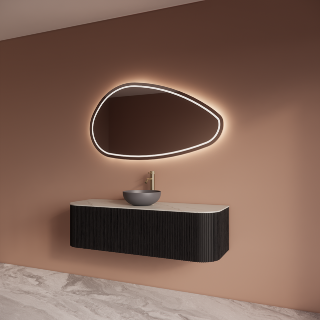 Wastafelmeubel Gliss Alluro 140cm Mat Black Veneer Ribbel motief met Curve incl. topblad