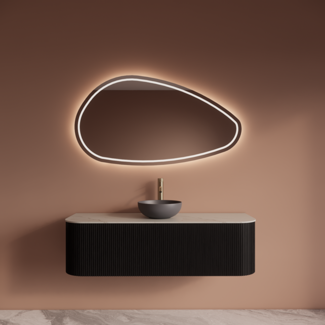 Wastafelmeubel Gliss Alluro 140cm Mat Black Veneer Ribbel motief met Curve incl. topblad