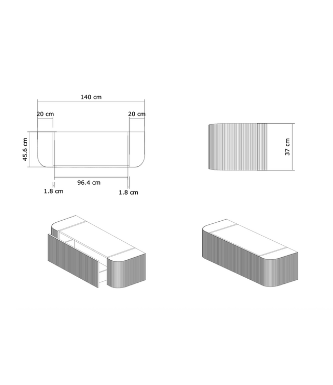 Wastafelmeubel Gliss Alluro 140cm Castle Brown Ribbel motief met Curve incl. topblad