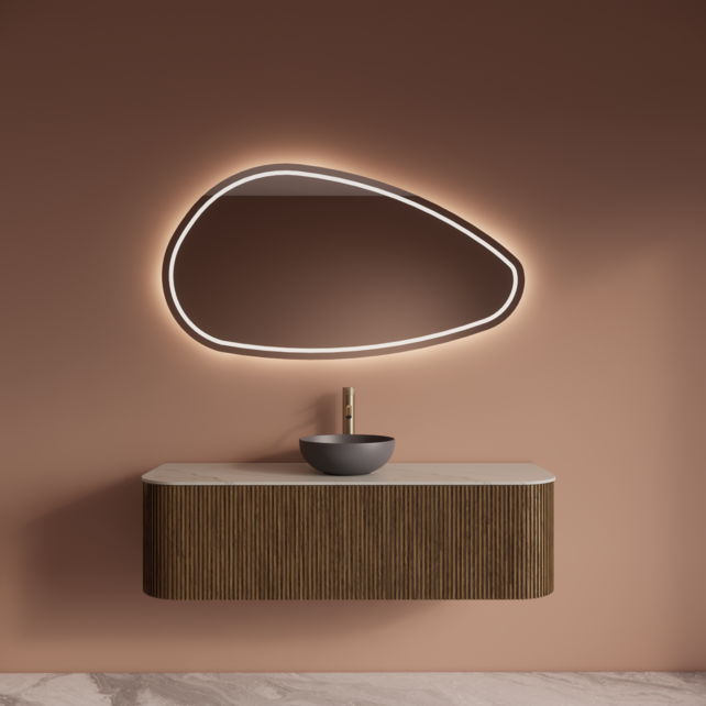 Wastafelmeubel Gliss Alluro 140cm Castle Brown Ribbel motief met Curve incl. topblad