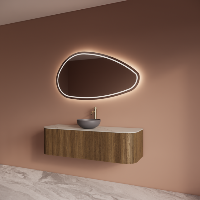 Wastafelmeubel Gliss Alluro 140cm Castle Brown Ribbel motief met Curve incl. topblad