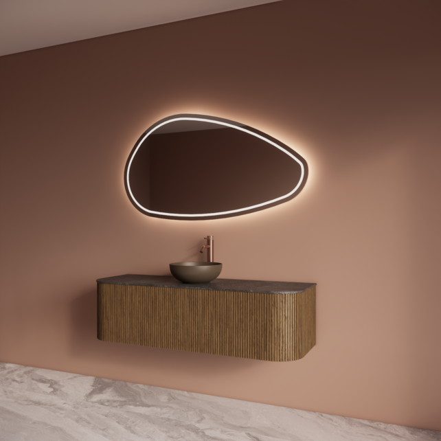 Wastafelmeubel Gliss Alluro 140cm Castle Brown Ribbel motief met Curve incl. topblad