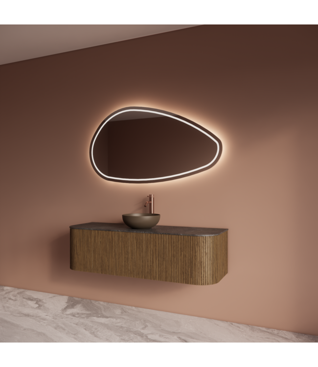 Wastafelmeubel Gliss Alluro 140cm Castle Brown Ribbel motief met Curve incl. topblad