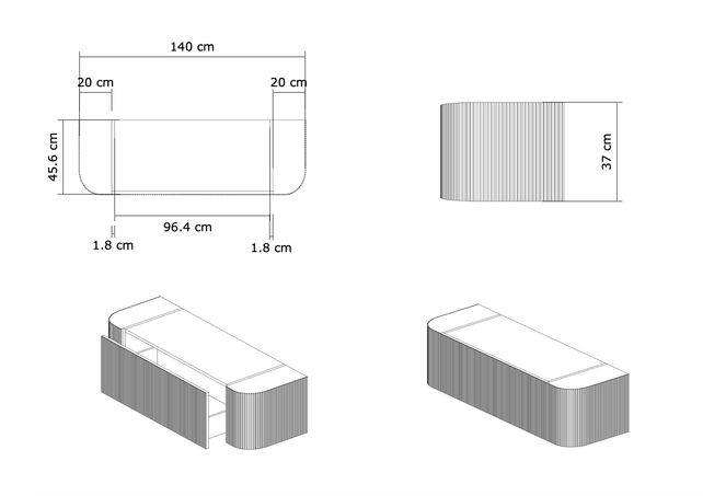 Wastafelmeubel Gliss Alluro 140cm Ebony Ribbel motief met Curve incl. topblad