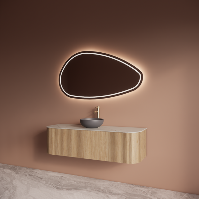 Wastafelmeubel Gliss Alluro 140cm Mist Ribbel motief met Curve incl. topblad