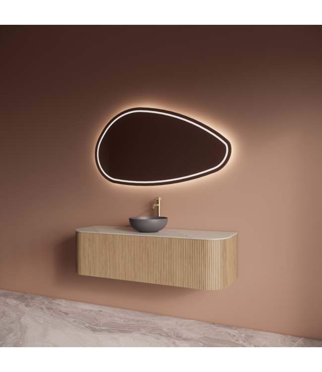 Wastafelmeubel Gliss Alluro 140cm Mist Ribbel motief met Curve incl. topblad