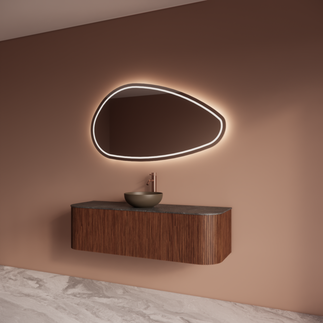 Wastafelmeubel Gliss Alluro 140cm Walnoot Ribbel motief met Curve incl. topblad