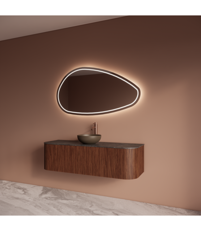 Wastafelmeubel Gliss Alluro 140cm Walnoot Ribbel motief met Curve incl. topblad