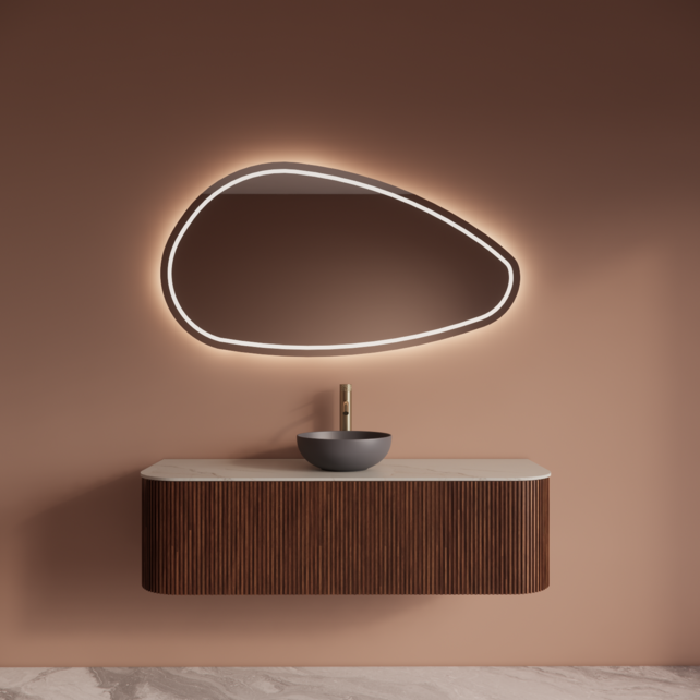 Wastafelmeubel Gliss Alluro 140cm Walnoot Ribbel motief met Curve incl. topblad