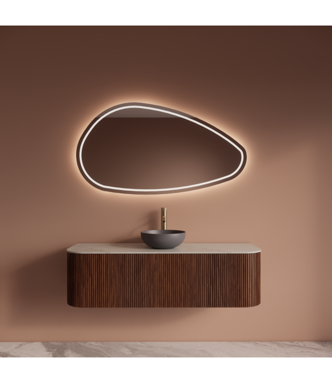 Wastafelmeubel Gliss Alluro 140cm Walnoot Ribbel motief met Curve incl. topblad