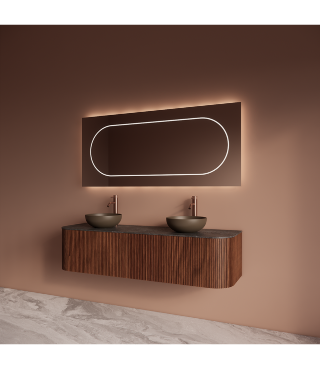 Wastafelmeubel Gliss Alluro 160cm Walnoot Ribbel motief met Curve incl. topblad
