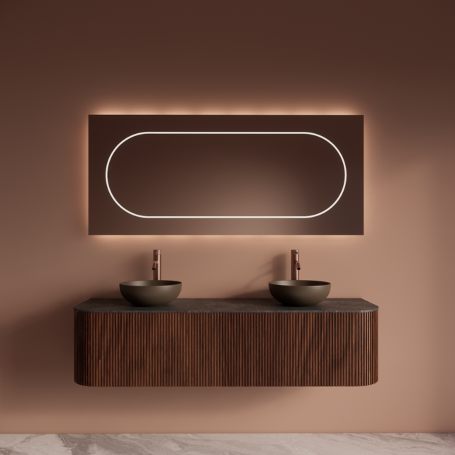 Wastafelmeubel Gliss Alluro 160cm Walnoot Ribbel motief met Curve incl. topblad