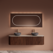 Wastafelmeubel Gliss Alluro 160cm Walnoot Ribbel motief met Curve incl. topblad