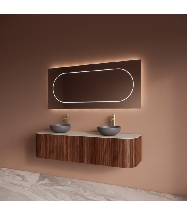 Wastafelmeubel Gliss Alluro 160cm Walnoot Ribbel motief met Curve incl. topblad