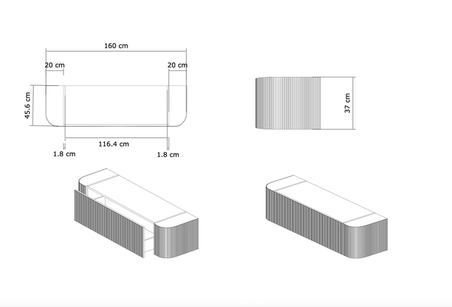 Wastafelmeubel Gliss Alluro 160cm Mist Ribbel motief met Curve incl. topblad