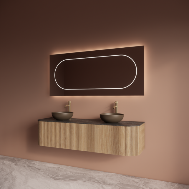 Wastafelmeubel Gliss Alluro 160cm Mist Ribbel motief met Curve incl. topblad