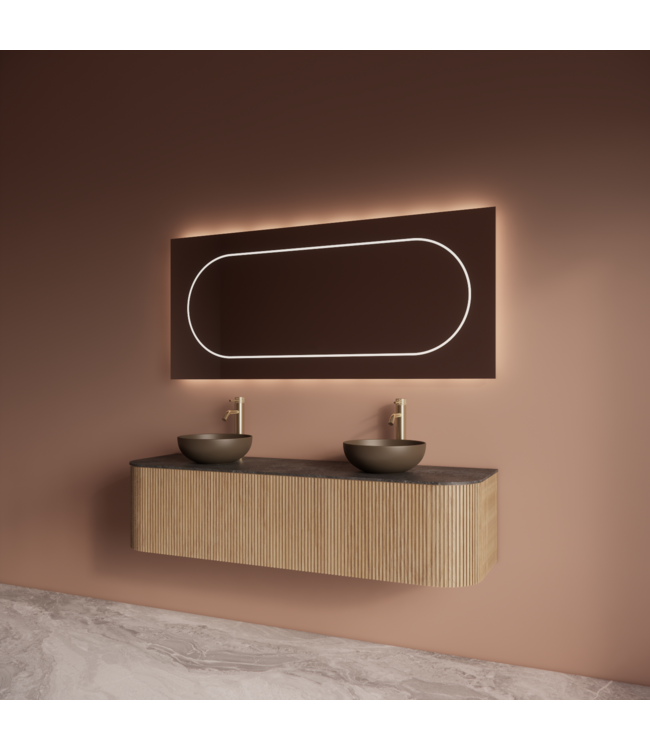 Wastafelmeubel Gliss Alluro 160cm Mist Ribbel motief met Curve incl. topblad