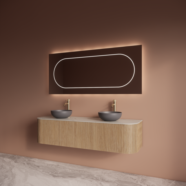 Wastafelmeubel Gliss Alluro 160cm Mist Ribbel motief met Curve incl. topblad